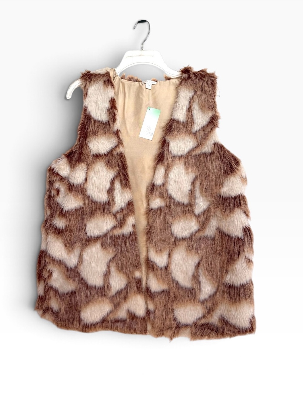 Decree Faux Fur Vest NWT Brown Cream Boho Open Front